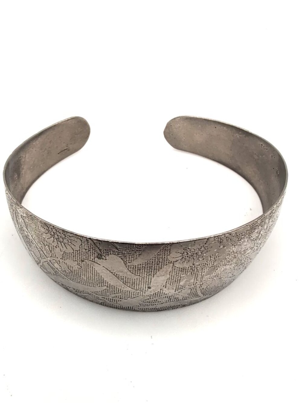 Vintage Intricate Floral Etched Silver Tone Cuff Bracelet Unmarked 12.91g GUC